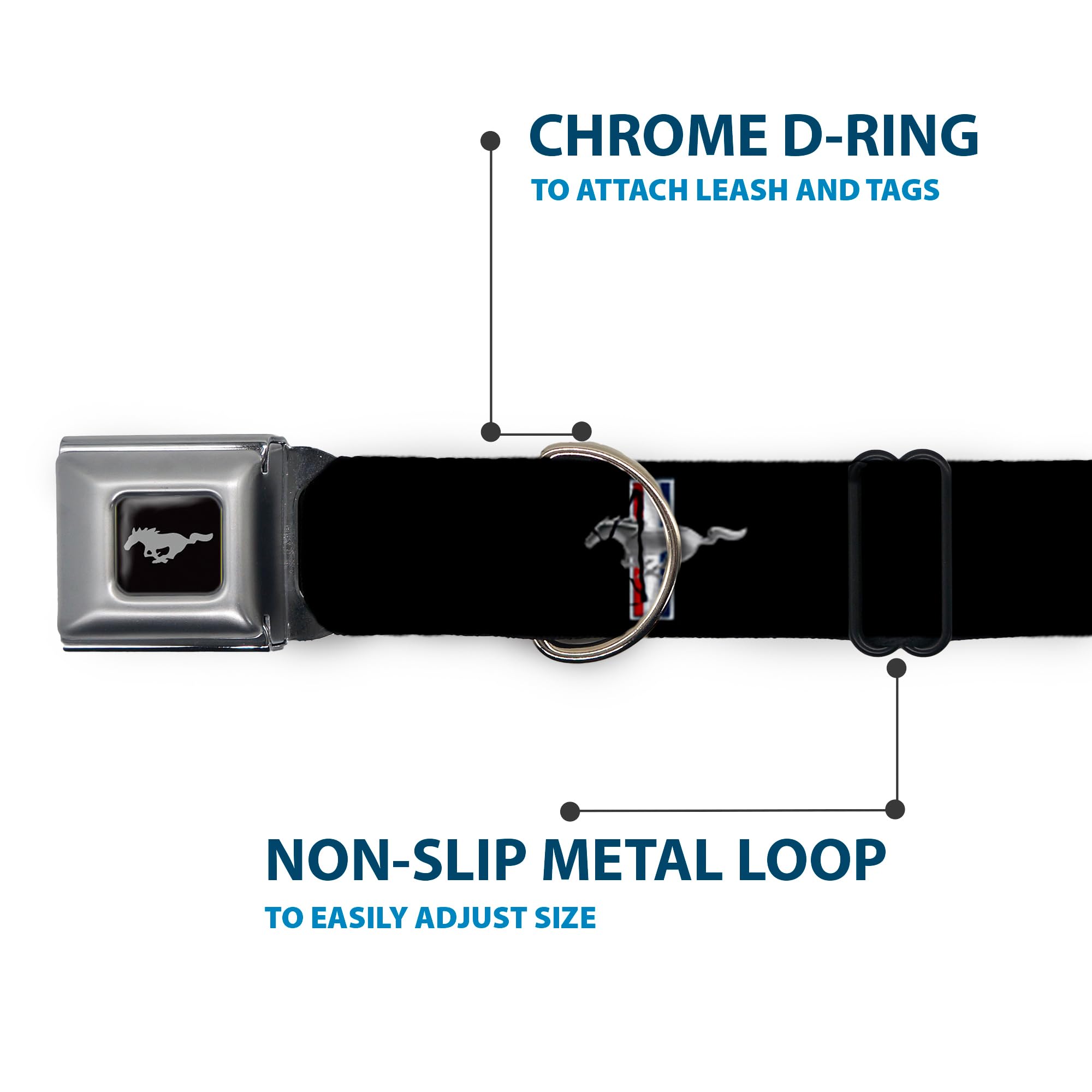 Buckle-Down Seatbelt Buckle Dog Collar - Ford Mustang W/Bars Logo Repeat - 1.5' Wide - Fits 16-23' Neck - Medium
