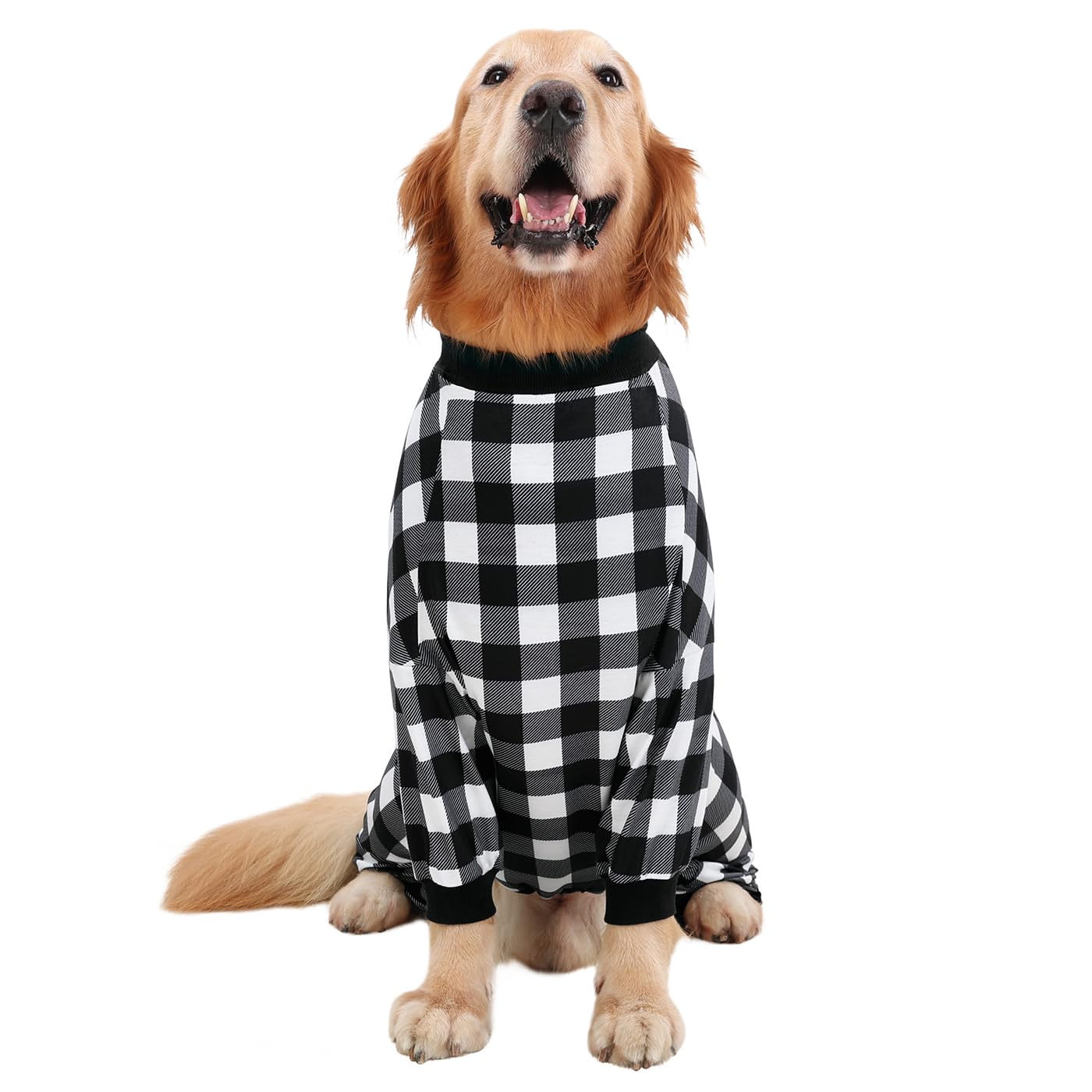 HDE Dog Pajamas One Piece Jumpsuit Lightweight Dog PJs Shirt for M-3XL Dogs Black & White Buffalo Plaid - L