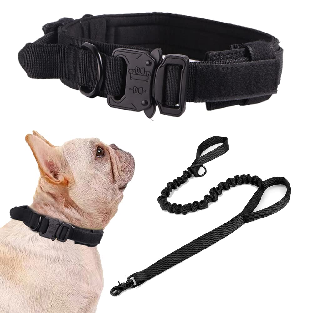 Tactical Dog Collar And Leash Set Tactical Dog Collar With Handle Bungee Leash Adjustable Military Training Nylon Collar Dog Training Collar Leash Set With Control Handleand Metal Buckle (Black S
