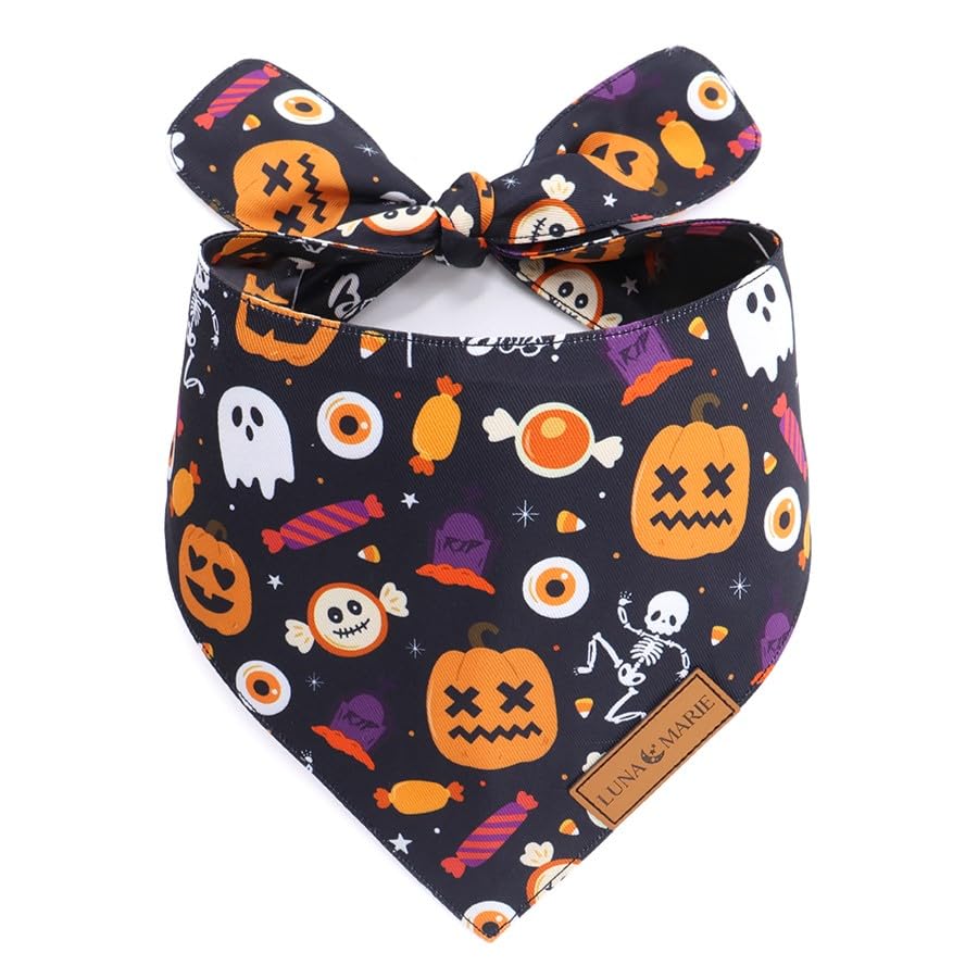 Lunamarie - Luxury Cat And Dog Bandanas - Halloween Designs | Premium Silky Poly Fabric | 100% Handmade Custom Shape Dual Layered Small, Medium, Large Cat Scarf (Trick-Or-Treat, Medium)