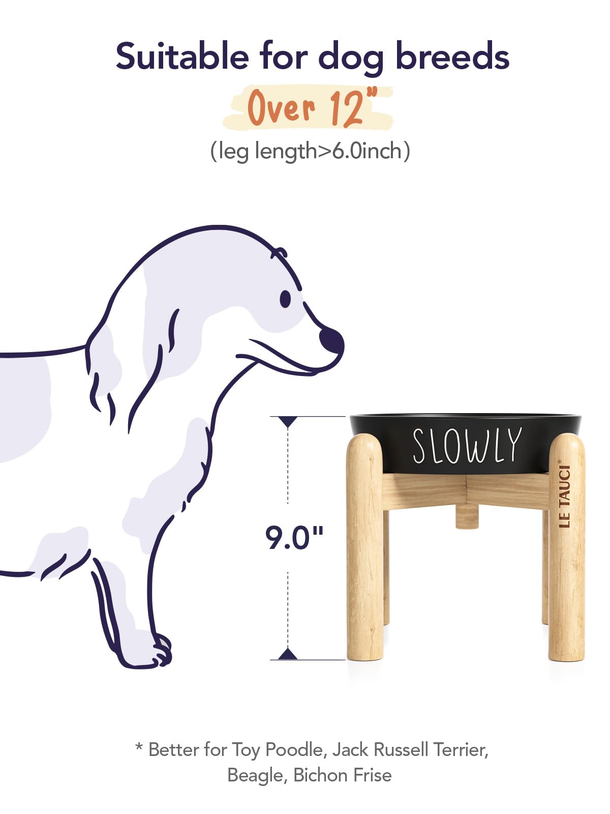 Ceramic Slow Feeder Dog Bowls Elevated, 3 Cups Raised Dog Bowl With Wooden Stand For Medium Large Breed, Dog Dishes To Slow Down