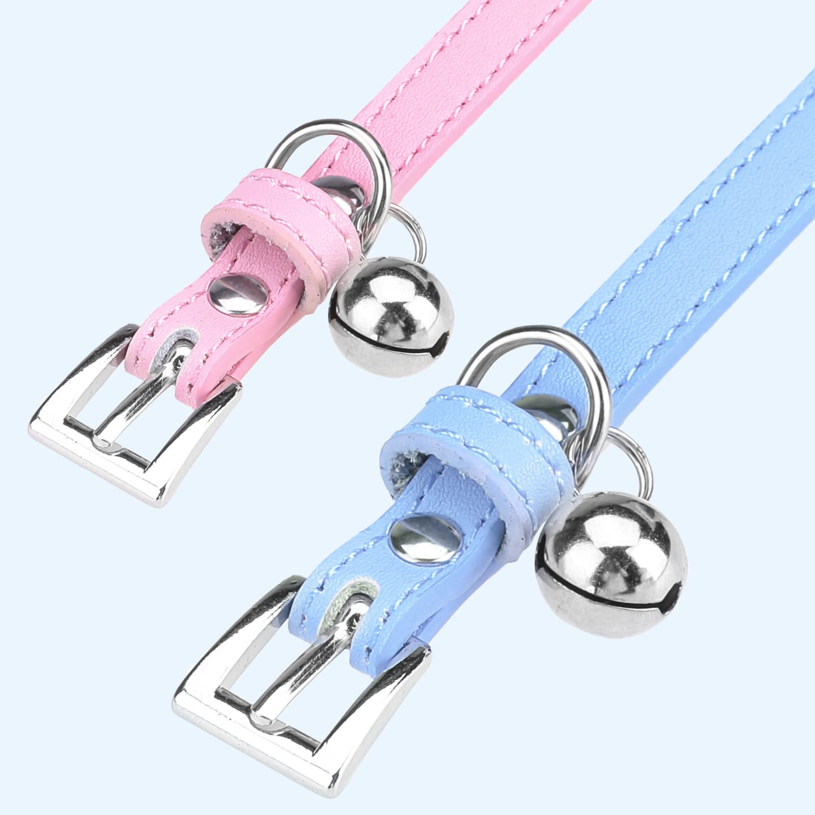 Pupteck 2 Pcs Soft Leather Cat Kitten Collar With Bells Adjustable For Girl Boy Cats Puppy - Pink, Blue