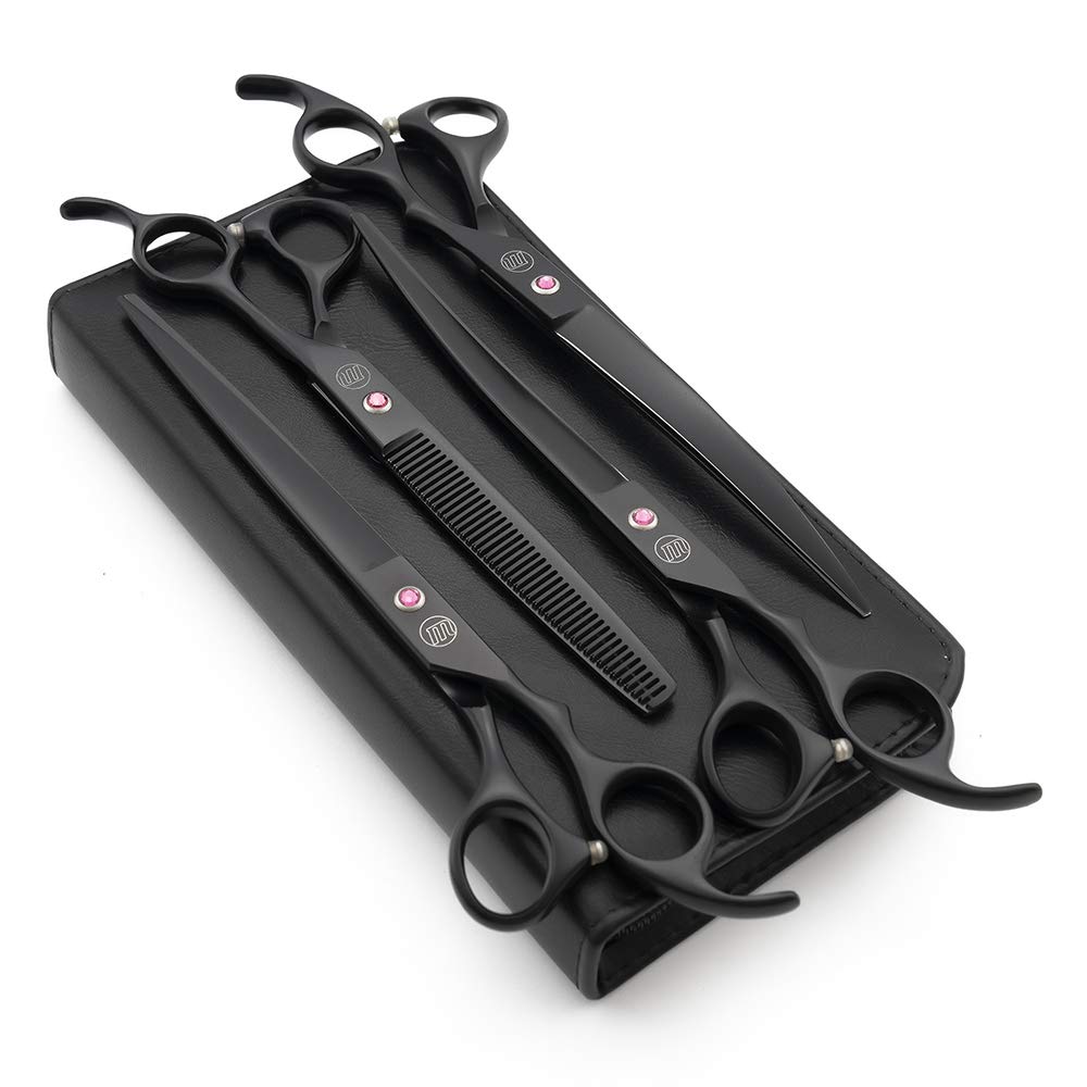 Moontay Professional 8.0' Dog Grooming Scissors Set, 4-Pieces Straight, Upward Curved, Downward Curved, Thinning/Blending Shears For Dog, Cat And Pets, Jp Stainless Steel, Black
