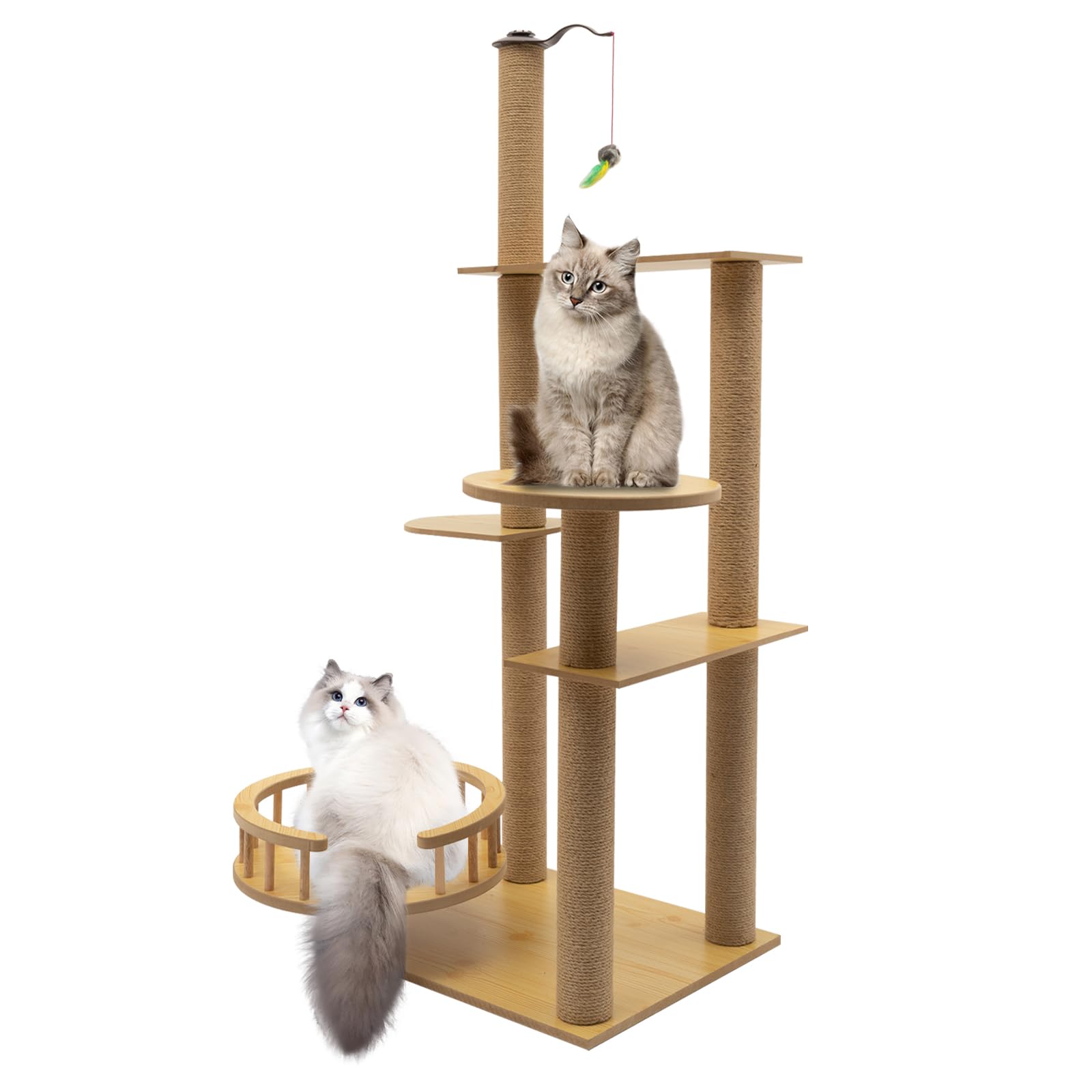 Cat Tree Furniture 17.7X15.7X47.2 Inch Yellowish Multi-Level Cat Tower With 4 Jumping Boards Resting Platform And A Cute Toy On 