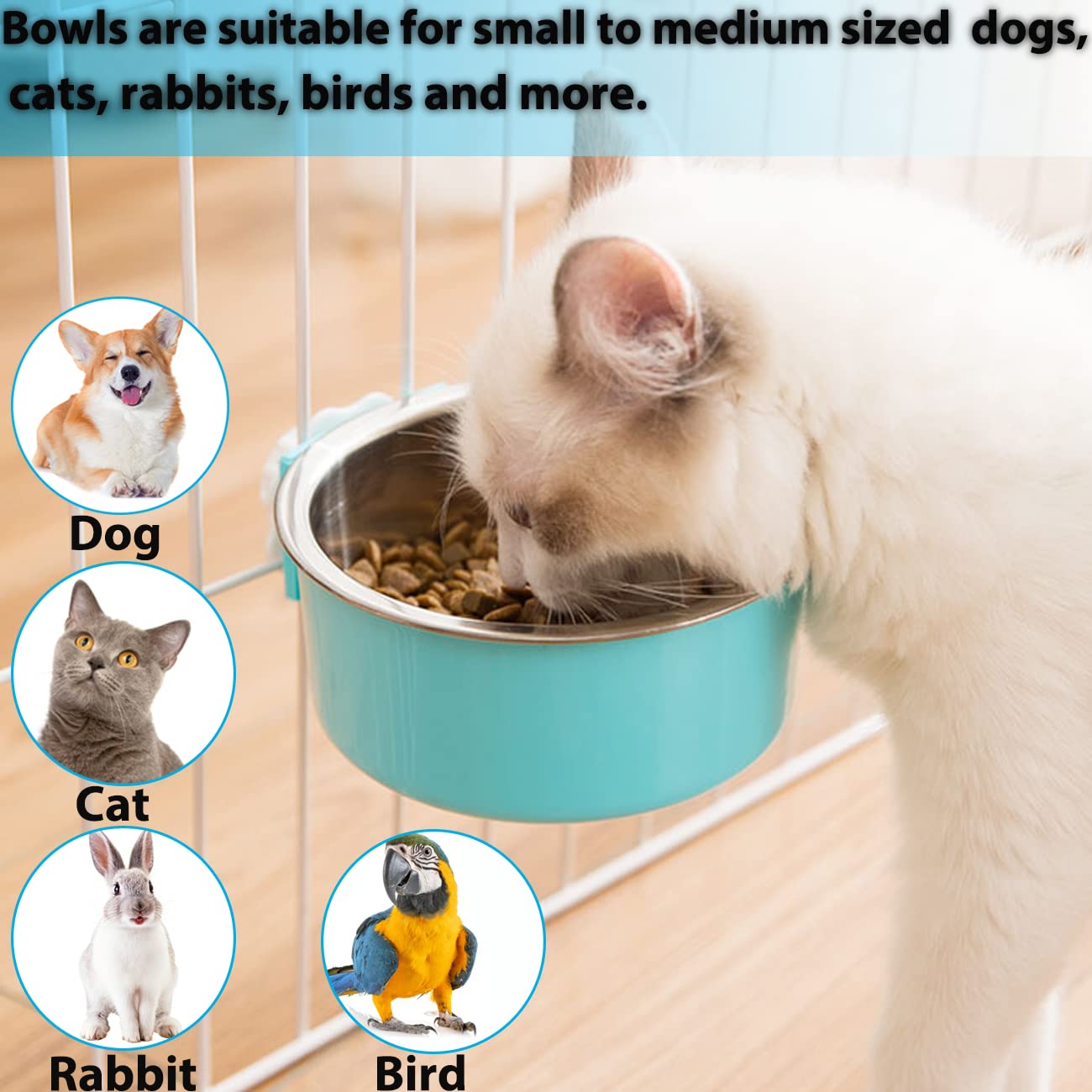 Mechpia 2 Pieces Crate Dog Bowl, Removable Stainless Steel Pet Kennel Hanging Food Water Feeder Bowl Cage Coop Cup for Puppy Med