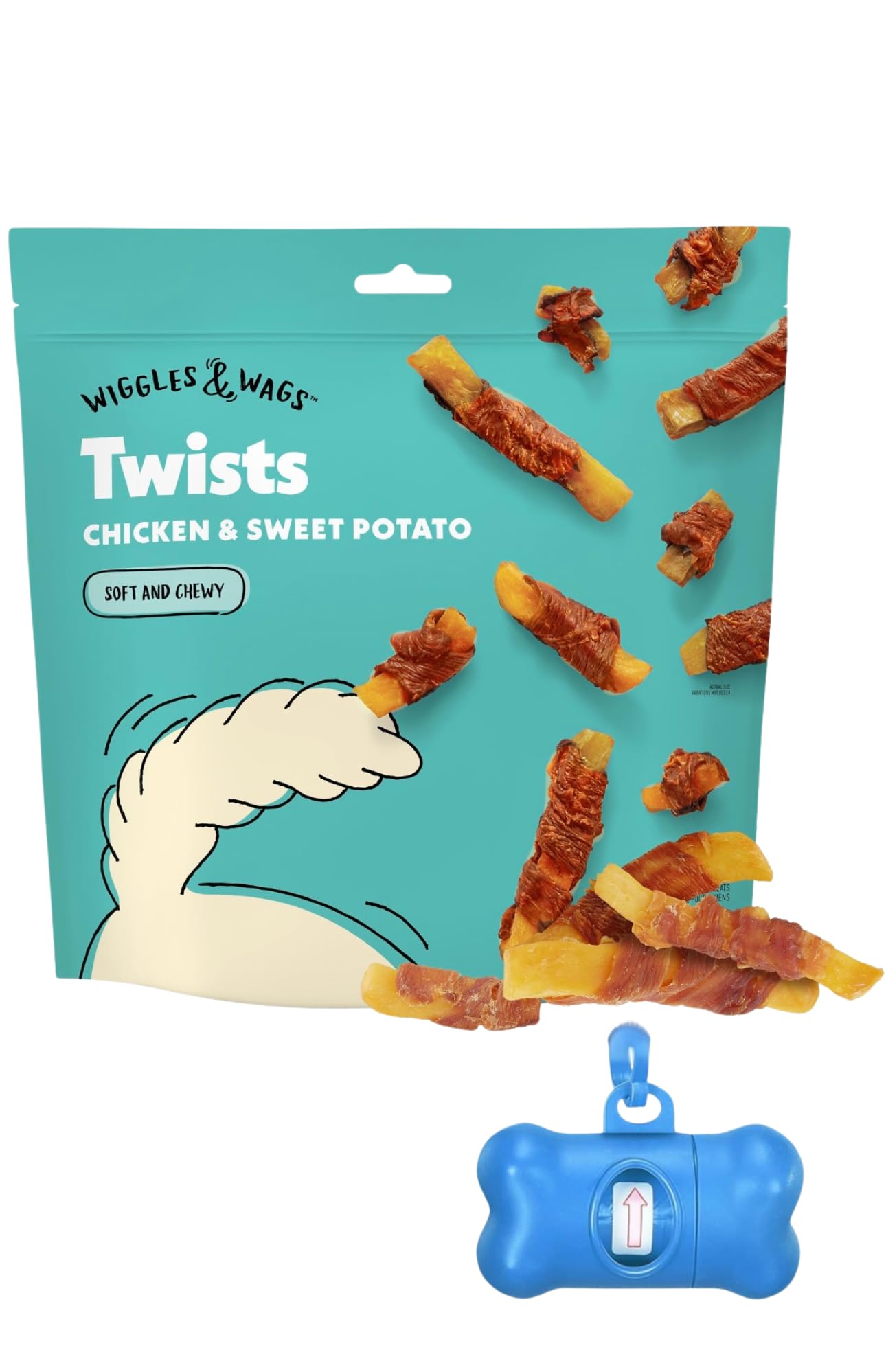 Wiggles & Wags Twists Dog Treats, Chicken & Sweet Potato, Soft and Chewy, 16 oz, with DN Essentials Bone Shaped Waste Bag Dispen