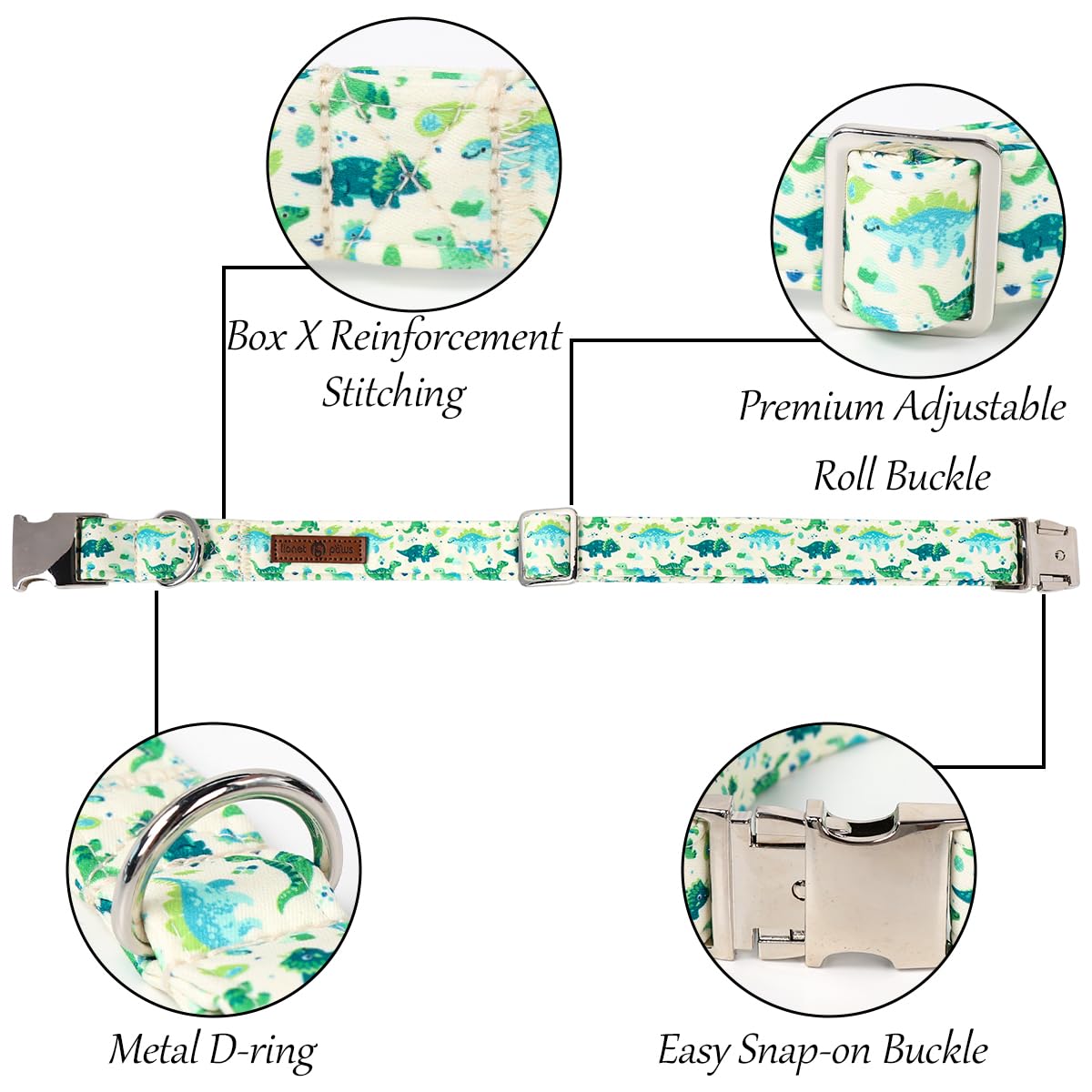 Lionet Paws Dinosaur Dog Collar With Bowtie, Cute Summer Beige Dog Collar For Girl For Medium Dogs, Adjustable Cotton Pet Collar