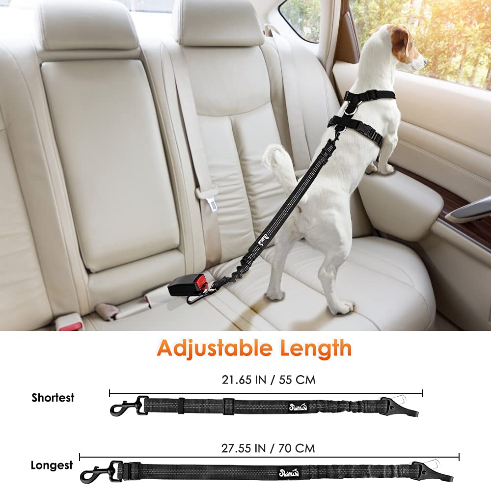 Slowton Dog Seat Belt, Adjustable Dog Safety Belt Leash, 2 In 1 Latch Bar Attachment Dog Car Seatbelt With Elastic Nylon Bungee Buffer, Reflective Nylon Belt Tether Connect To Dog Harness (2Black)