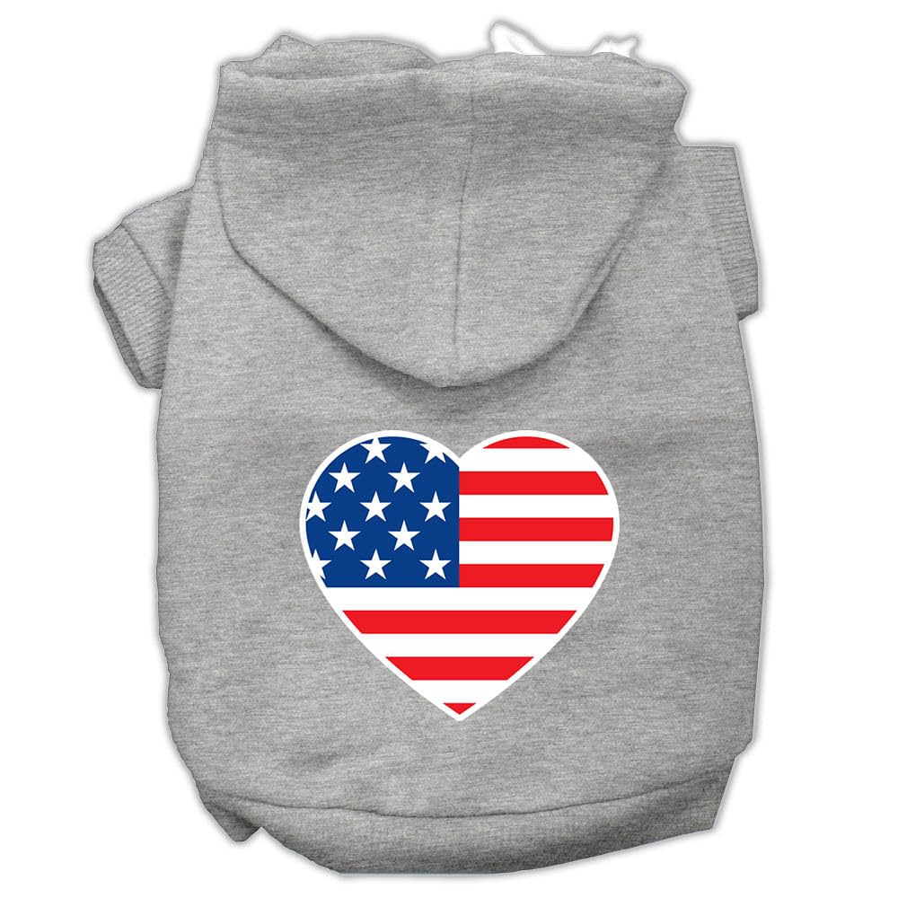Pet Dog & Cat Hoodie Screen Printed, 'American Flag Heart' Grey Md (6-10 Lbs.)