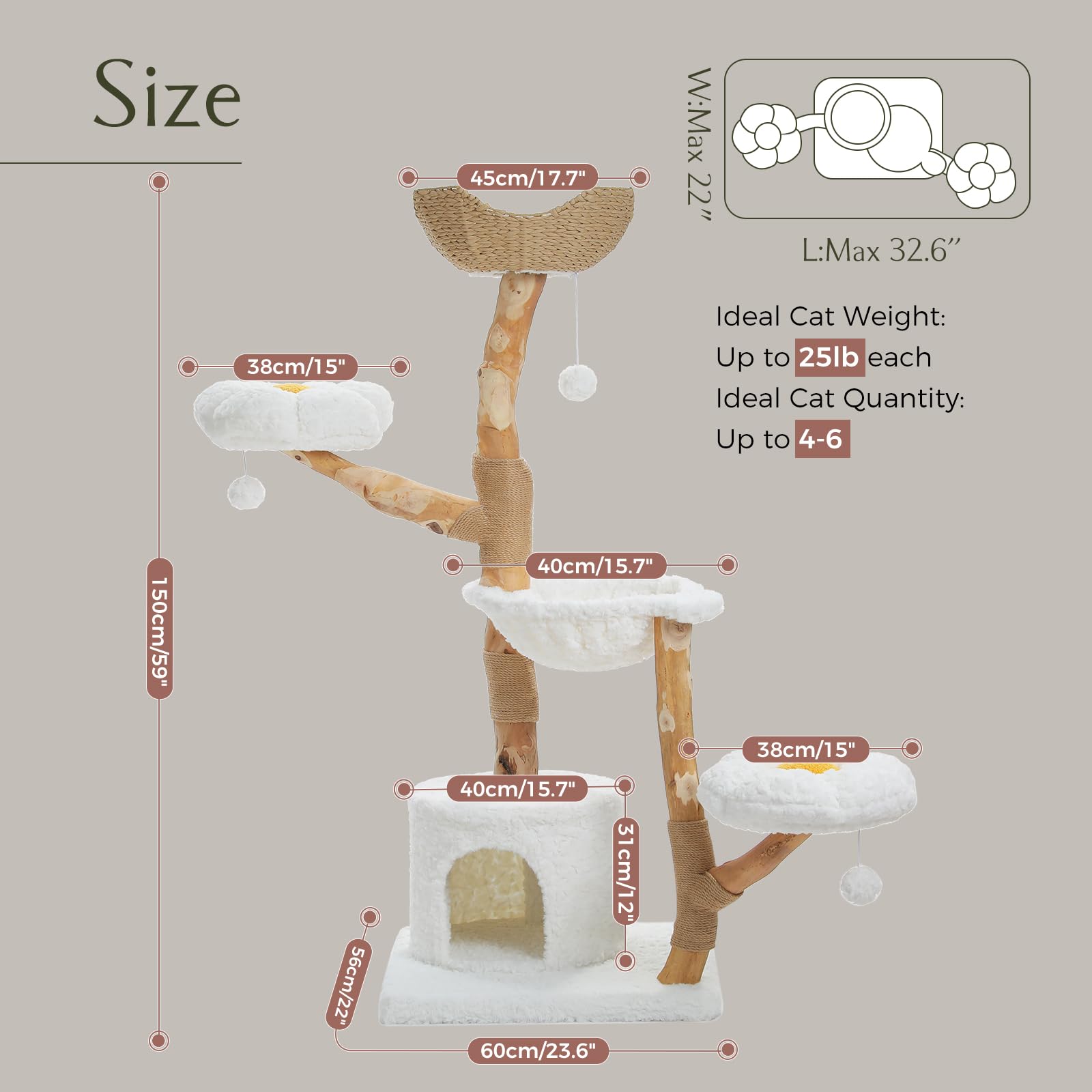 Pawz Road Cat Tree For Indoor Cats Large Adults, 59 Inches Modern Cat Tower With Large Basket And Hammock, Natural Solid Wood, L