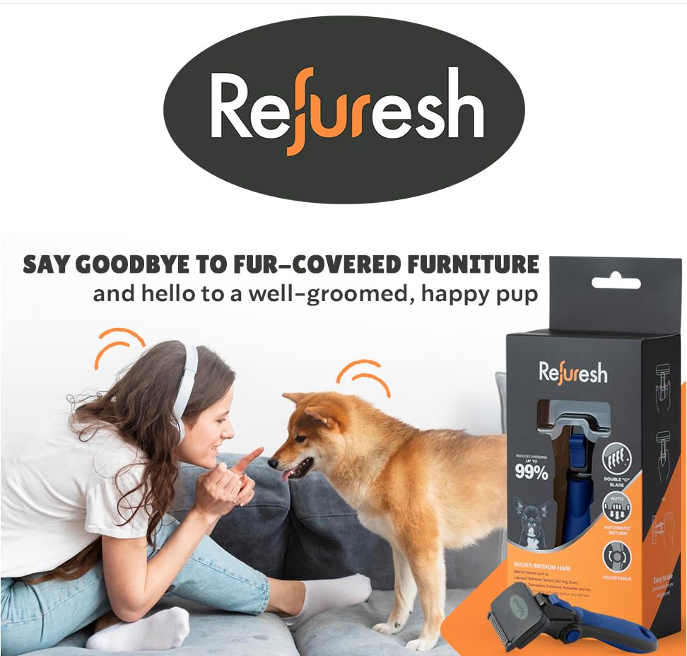 Refuresh Deshedding Dog Brush For Short/Medium Hair (Large,Blue) - Gentle Deshedding Tool For Dogs & Cats - Reduces Shedding, Wi