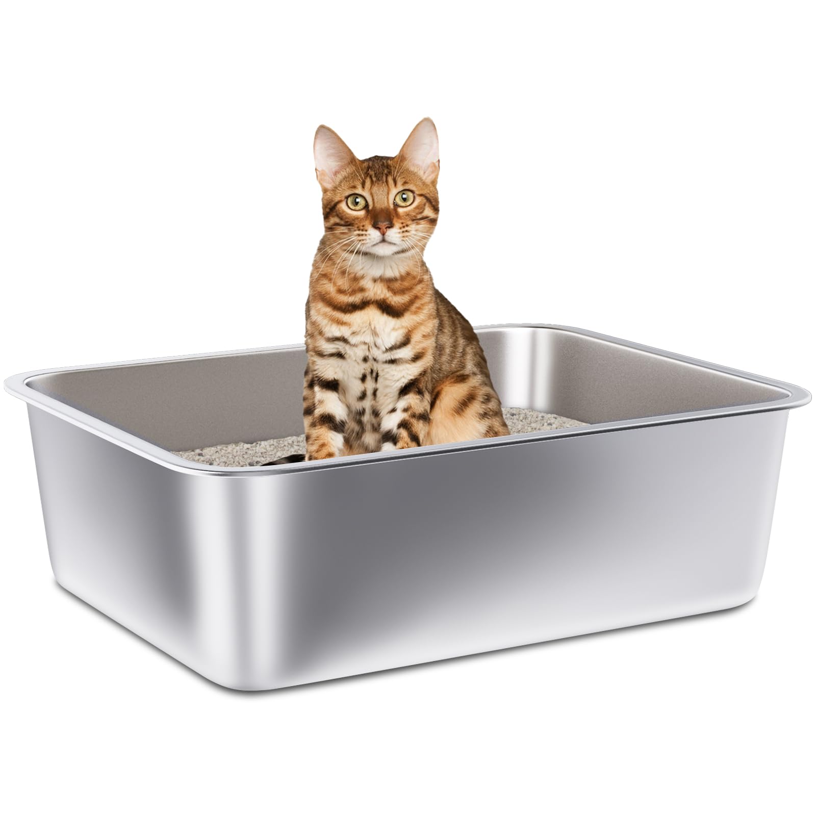 Futam Stainless Steel Litter Box, 17.7X13.8X6 Large Metal Litter Box For Kitty/Cat/Rabbits, Easy To Clean, Non Stick Litte