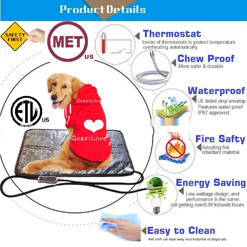 Heated Dog Bed XL Dog Heating Pad Outdoor Indoor House,Continuous High & Low Heater for Small Medium Pet Cat Puppy Puppies Chew