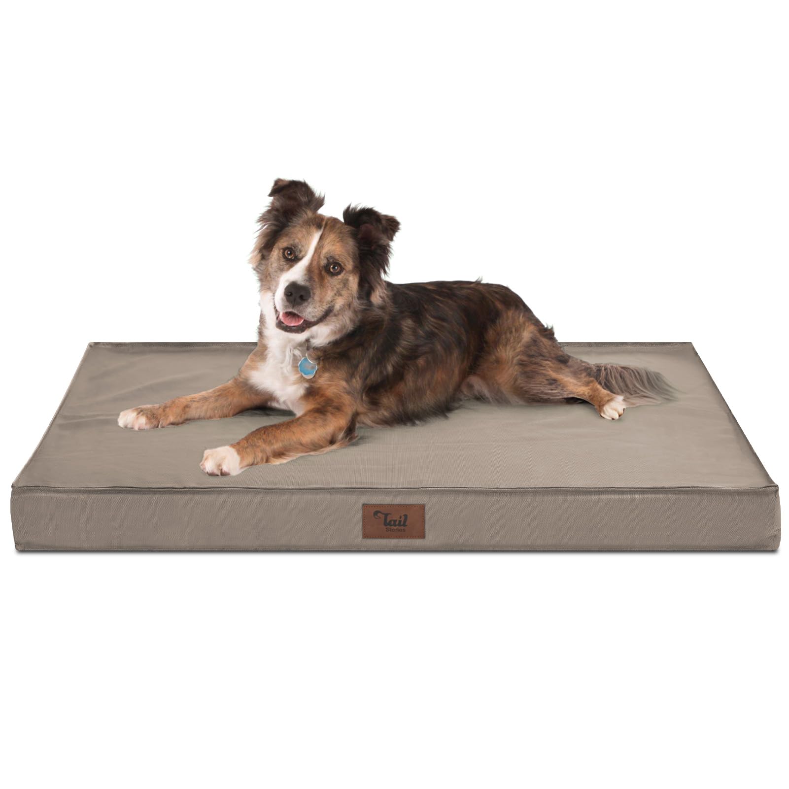Tail Stories Orthopedic Dog Bed For Large Dogs, Waterproof Dog Crate Bed Washable Dog Bed For Large Sized Dog With Egg Crate Foam Pet Mat, Removable Oxford Cover, Khaki