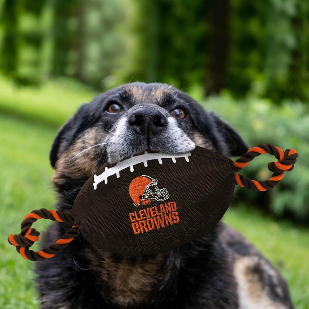 Pets First NFL Cleveland Browns Football Dog Toy, Tough Quality Nylon Materials, Strong Pull Ropes, Inner Squeaker, NFL Team Col