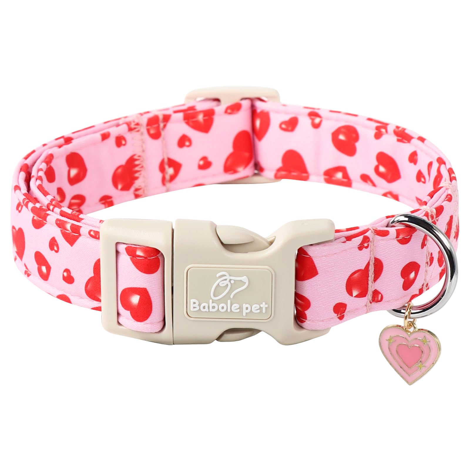 Babole Pet Valentines Dog Collar, Cute Pink Dog Collar with Red Heart Printed, Comfortable Girl Puppy Collar with Quick Release 