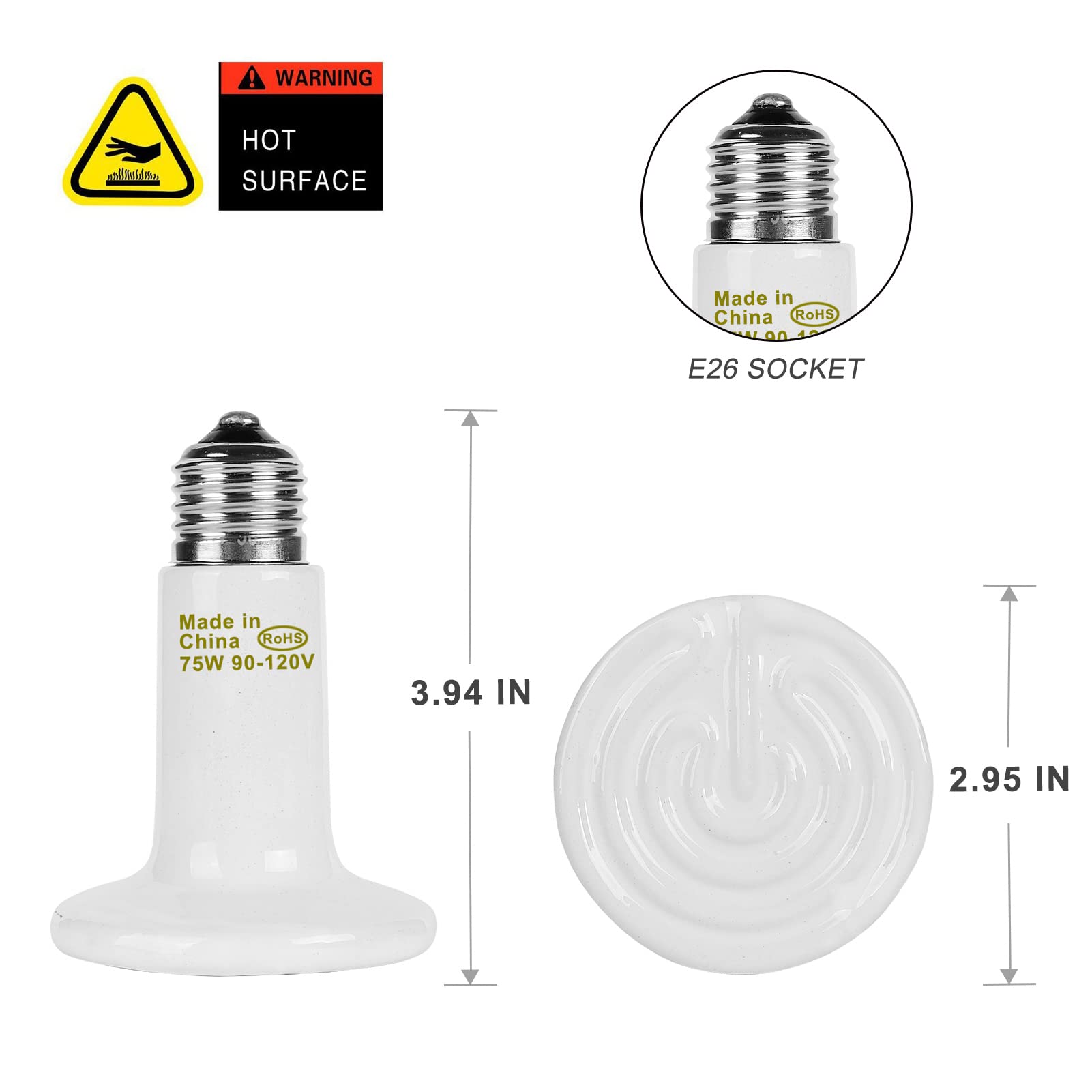 Wuhostam 75W 4 Pack Ceramic Heat Lamp, White Infrared Heater Emitter Bulbs, No Light Emitted, Temperature Adjustable Heating Bulb For Reptile And Amphibian, Chicken, Lizard, Snake