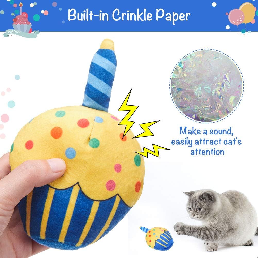 Bingpet Cat Birthday Catnip Toys For Indoor Cats,Cat Birthday Hat,Bandana And Cat Birthday Cake Interactive Plush Kitten Chew To