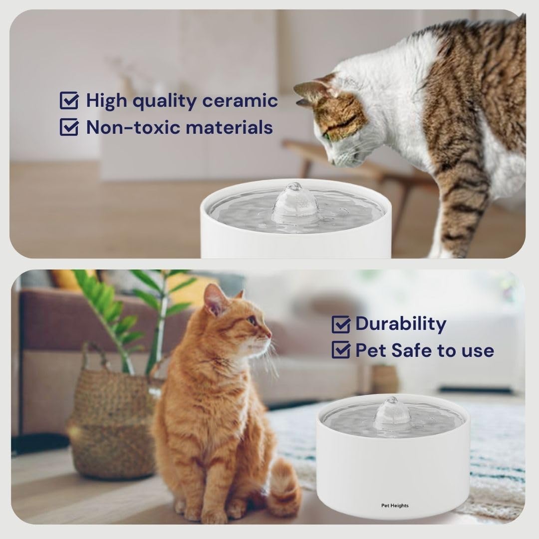 Pet Heights Ceramic Cat Water Fountain, Super Quiet Pet Water Fountain, Automatic Cat Water Dispenser, Dishwasher Safe Design &
