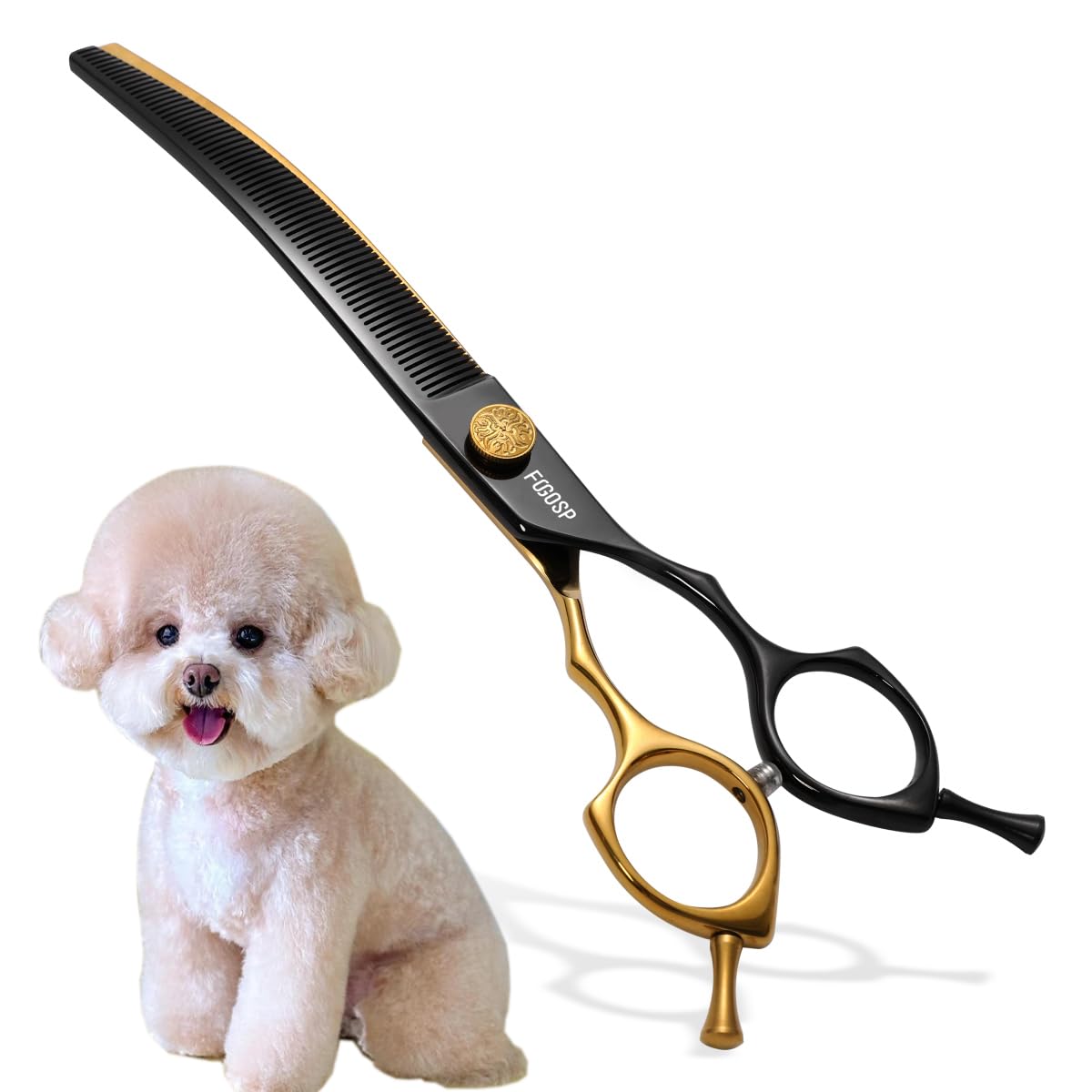 Fogosp Curved Thinning Shears Dog Grooming 7.5 In Black & Gold Two Color Multipurpose Professional Dog Grooming Scissors For Lar