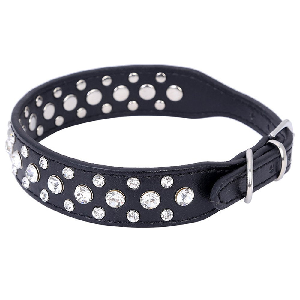 Dogs Kingdom 10''-24'' Length Personalized Rhinestone Leather Bling Crystal Pet Dog Cat Collars For Small Medium Breeds Black Xx