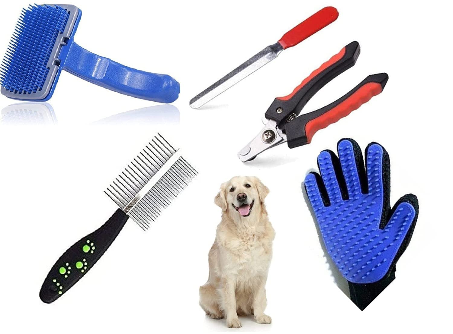 Psk Pet Mart (Combo Of 5) Imported Pet Slicker Brush + Hair Comb Double Side + Nail Clipper + Nail Grinder + Grooming Gloves Kit
