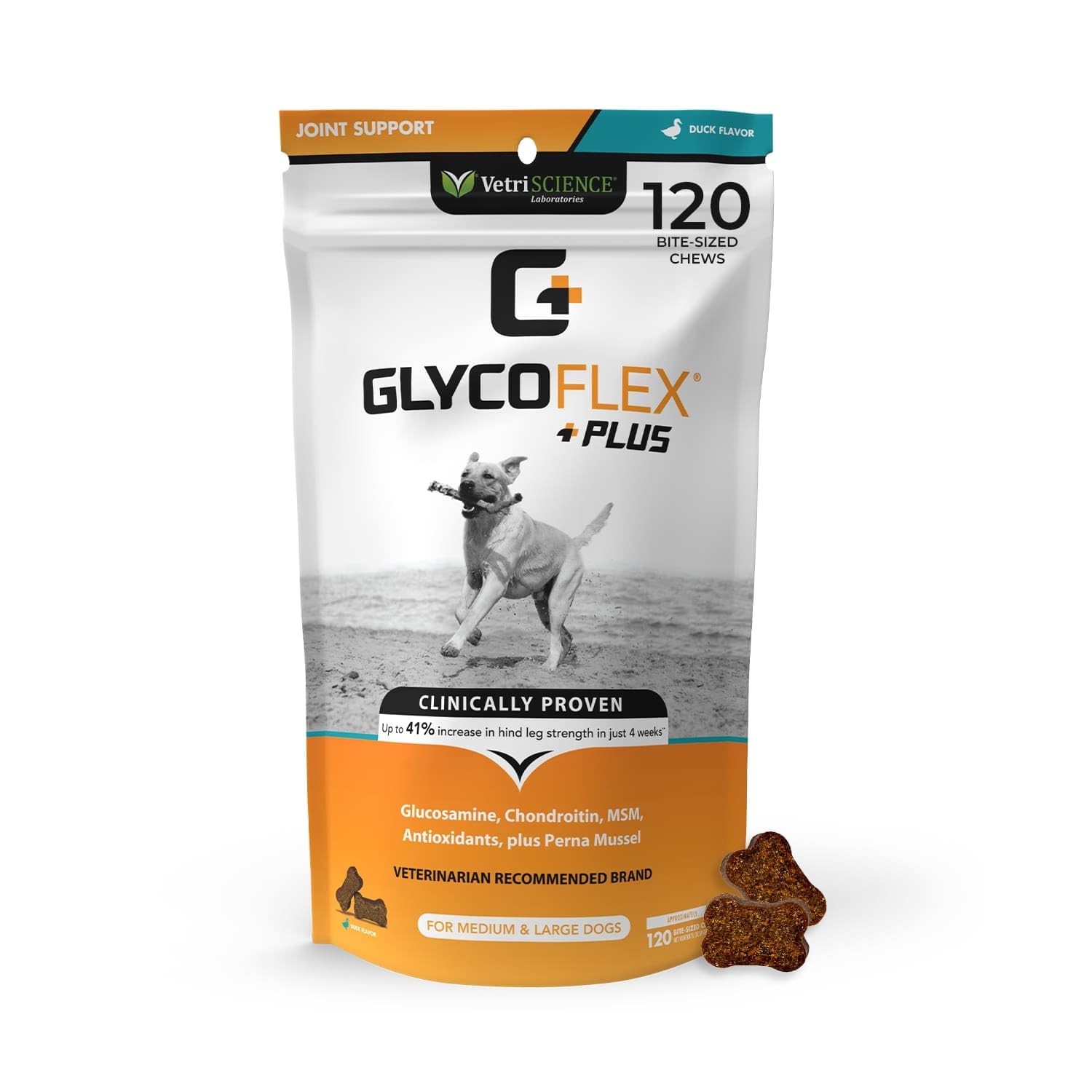 VetriScience GlycoFlex Plus Hip and Joint Supplement for Dogs - Extra-Strength Joint Support Chews with Green Lipped Mussel, Cho