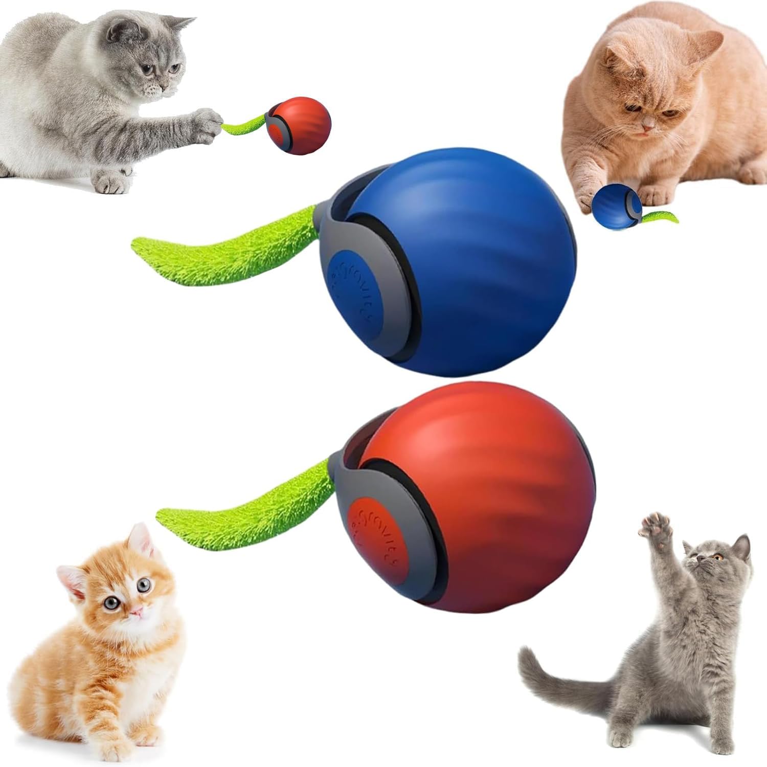 Generic 2Pcs Speedy Tail 2.0, Interactive Cat Toy Ball, Two Speed Adjustment (Orange + Blue)