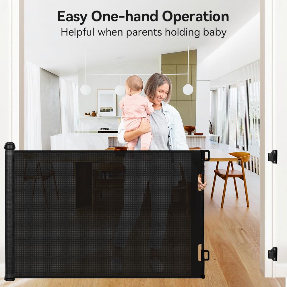 COMOMY 118'' Retractable Baby Gates Extra Wide, Retractable Dog Gate for Large Openings, Extra Long Dog Gates for The House, Ext