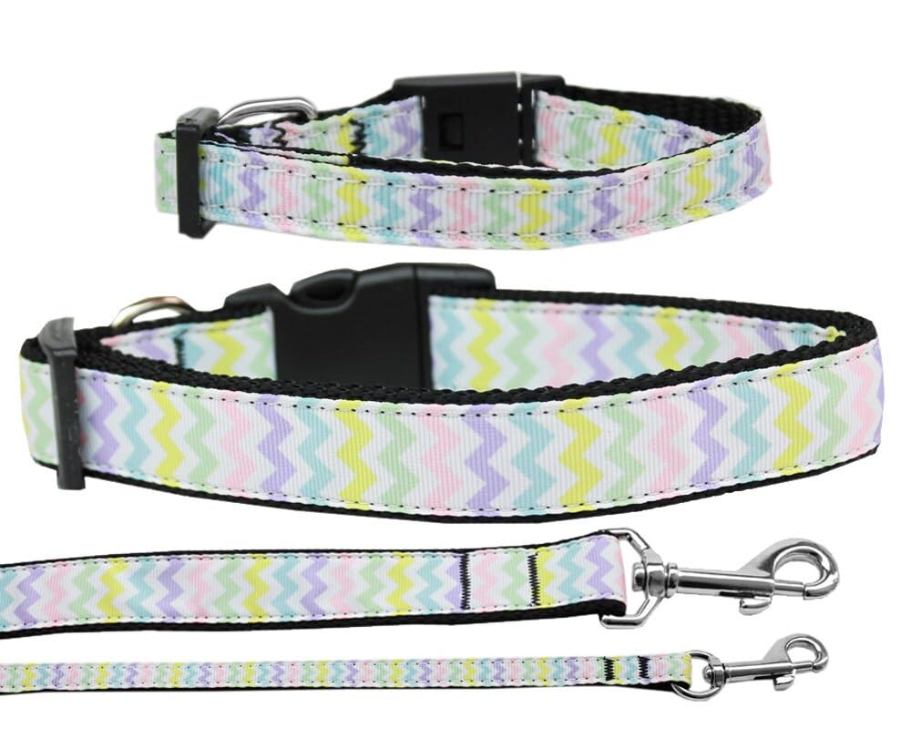 Pet Dog & Cat Nylon Collar or Leash, &quot;Spring Chevron&quot; MD Narrow Collar