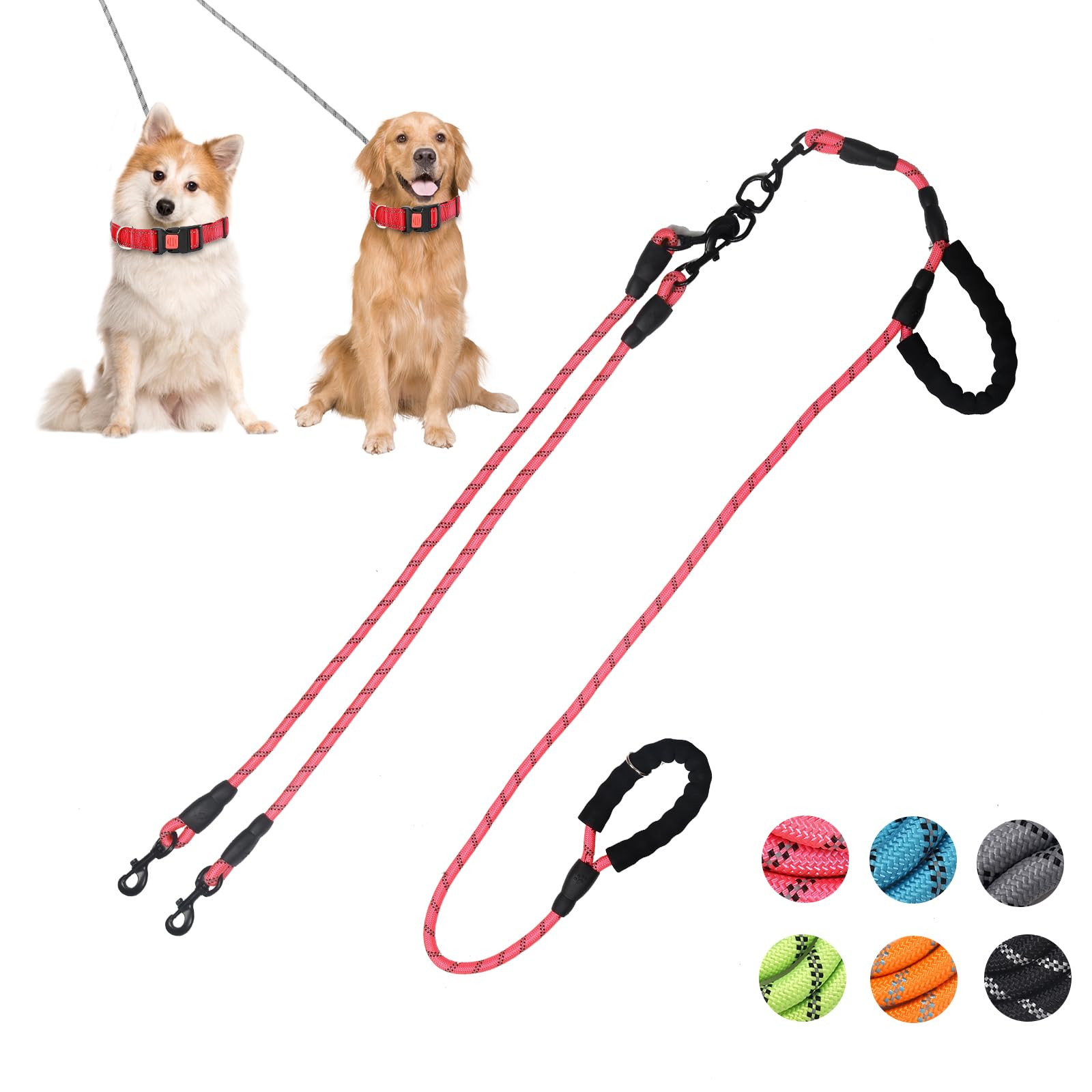 Exceptional 360 Anti-Tangle & No Pull Dual Dog Leash - Double Handle & Reflective For Small & Medium Dogs (Pink, 2 Way)
