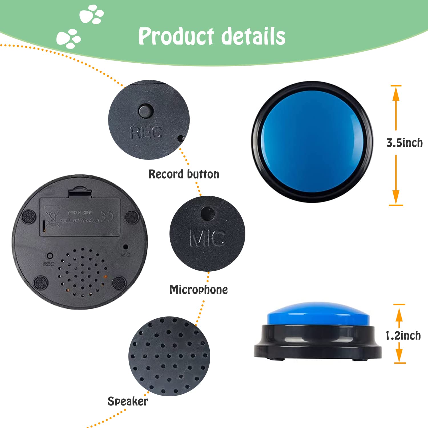 Finest+ Voice Recording Button For Communication Pet Training Buzzer, 30 Second Record&Playback Dog Toy, Voice Recording Clicker