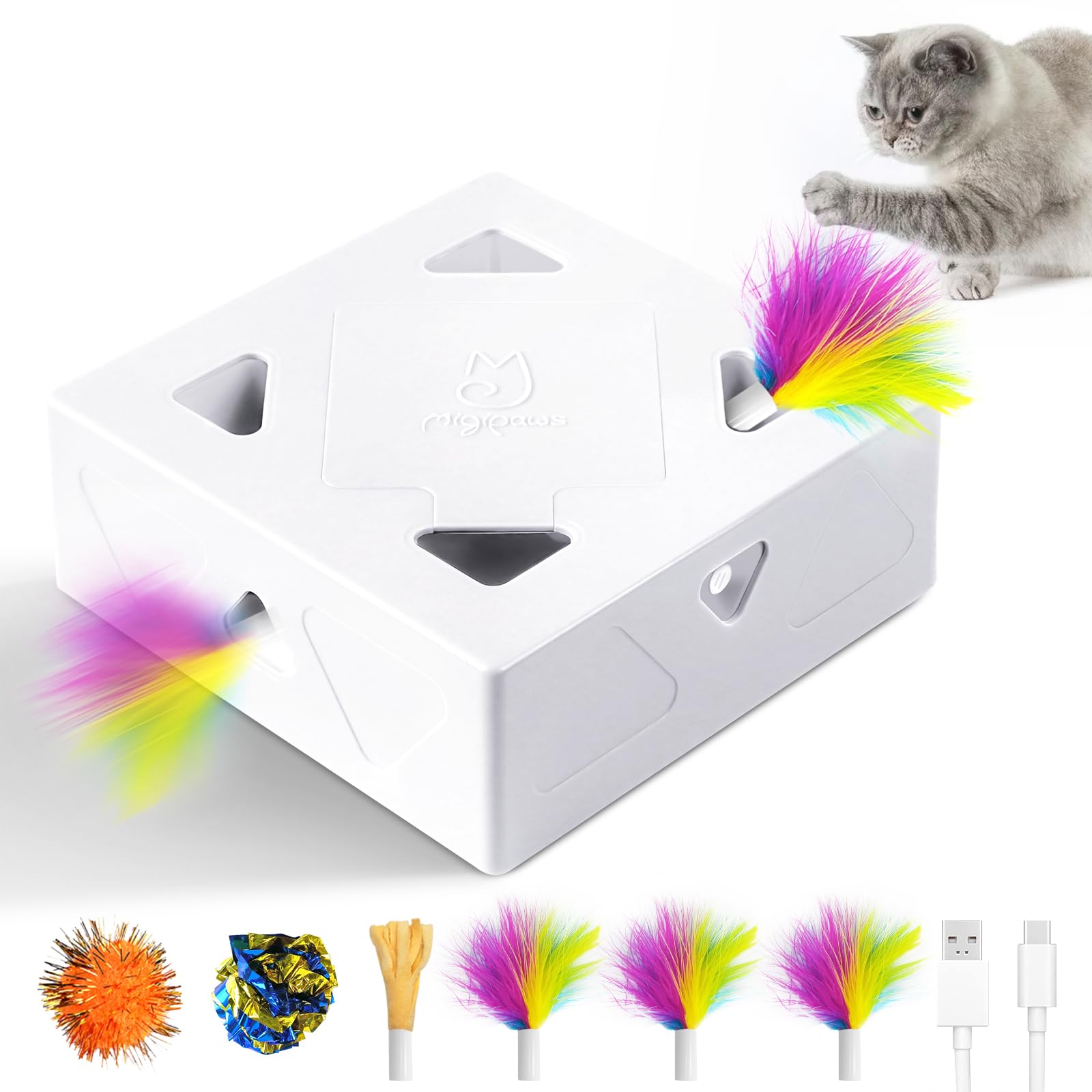 Interactive Cat Toys -Migibox for Indoor Bored Cats, Automatic Pop Out Feathers from 7 Holes Randomly, Motion Activated, USB Rec
