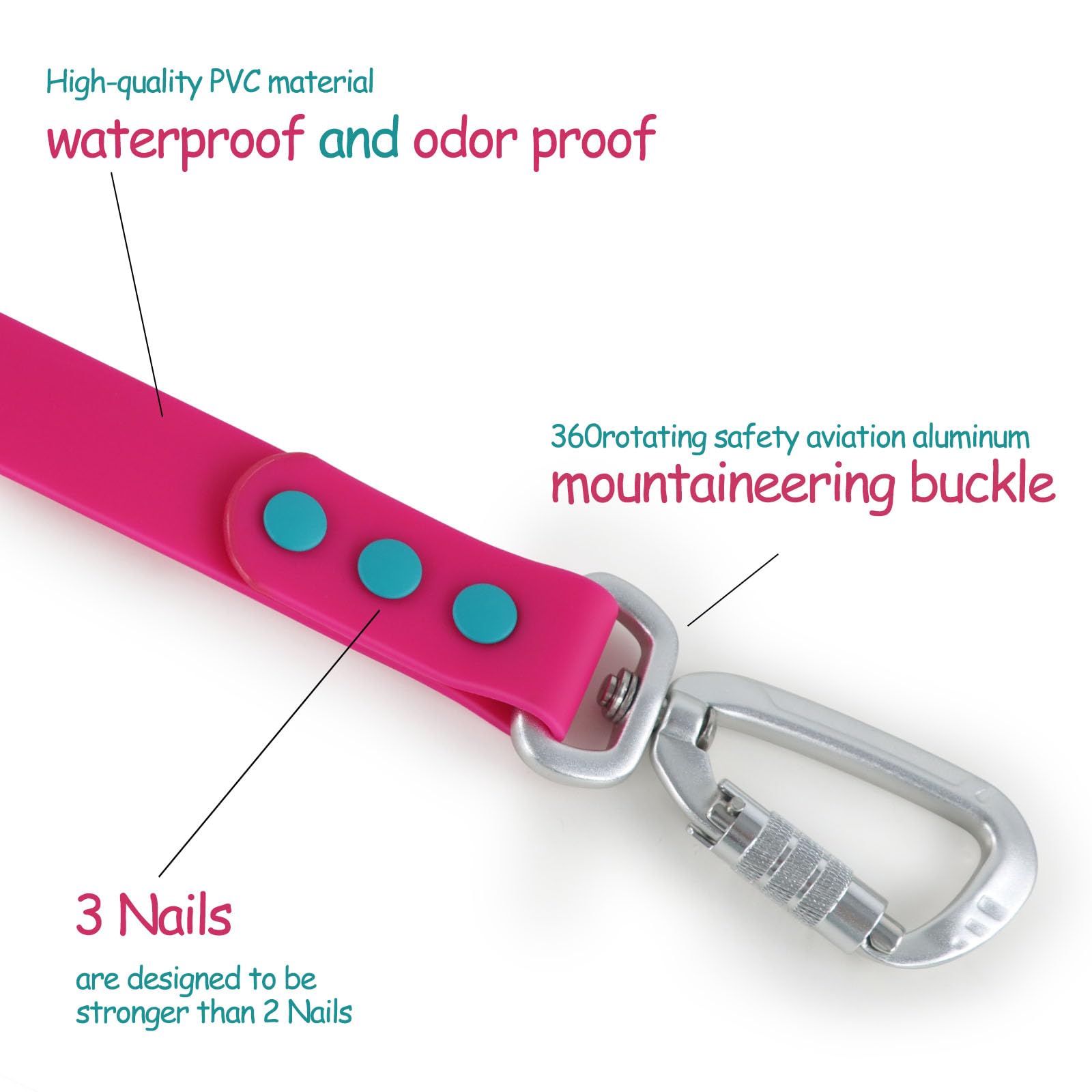 Wolfone 6Ft Safety Auto-Lock Carabiner Dog Leash Soft Handle Waterproof Cute Colored Leash For Dogs Pink Peacock