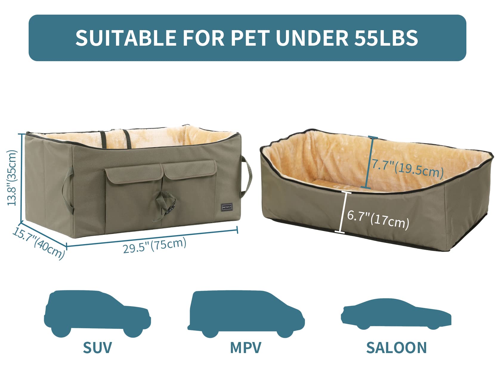 Petsfit Dog Booster Seat For 2 Small Dogs Or Medium Dog Up To 55 Lbs, Large Dog Car Seat With 2 Big Pockets For Cars, Trucks And