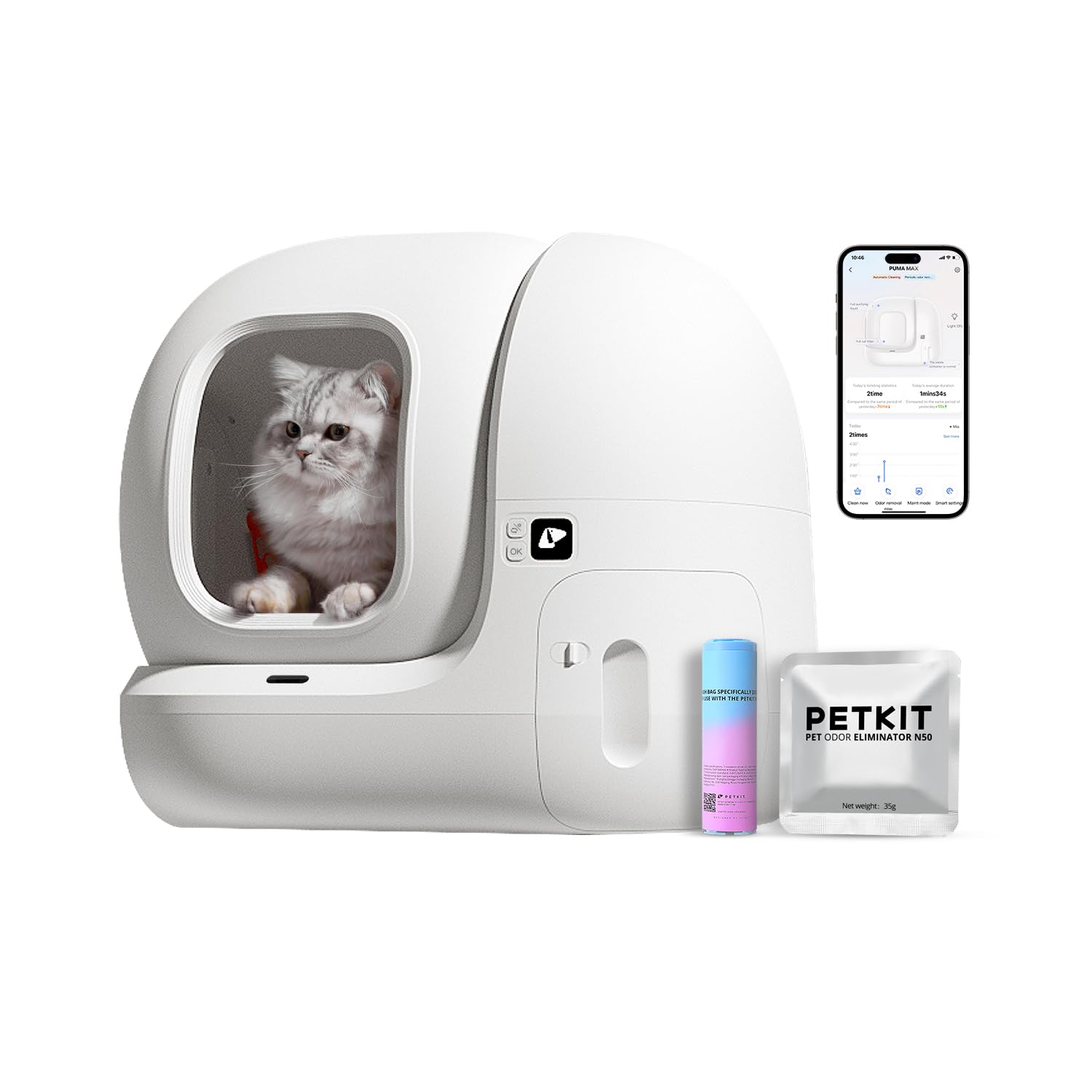 Petkit Puramax Self Cleaning Litter Box With N50 Odor Eliminator, Xsecure Automatic Scooping, Large Space Cat Box With Waste Bag