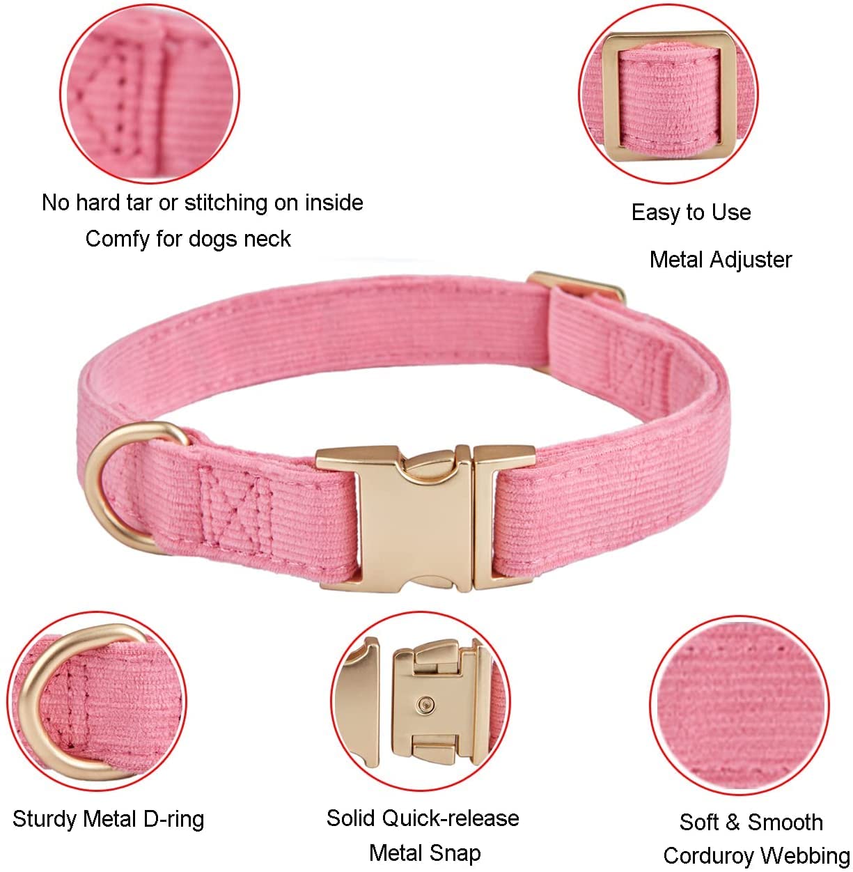 Petiry Soft Corduroy Fibric Dog Collar with High Grade Metal Buckle, for Medium Dogs.Pink,Medium:12-19''