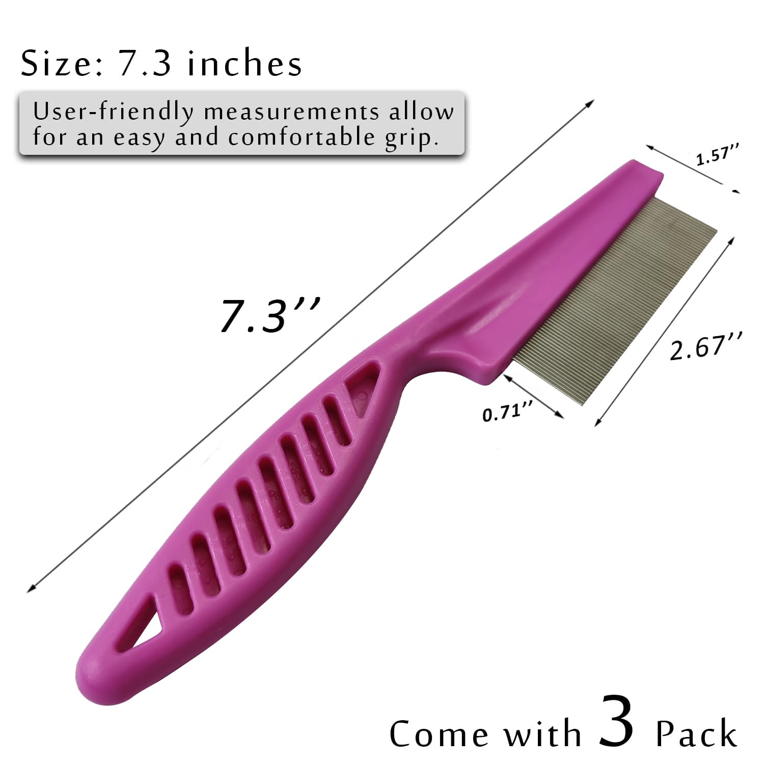 Kopal Flea Combs & Lice Combs For Dogs And Cats, Fine Tooth Combs 3-Pc, Pink