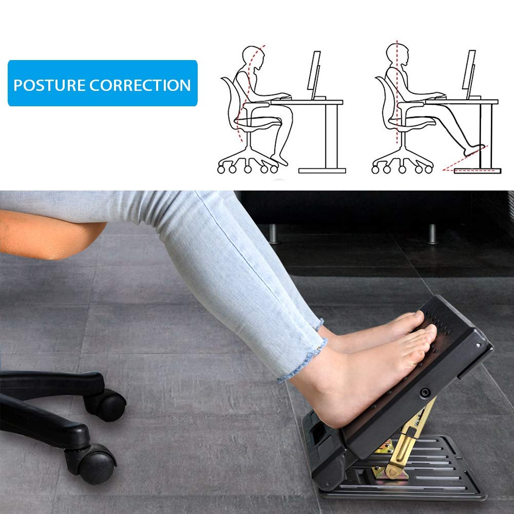 Leermart Adjustable Footrest, 4-Level Height Adjustment, Metal, Black, Max Load 120Lbs with Massaging Beads, Model BN-E03-2C-01
