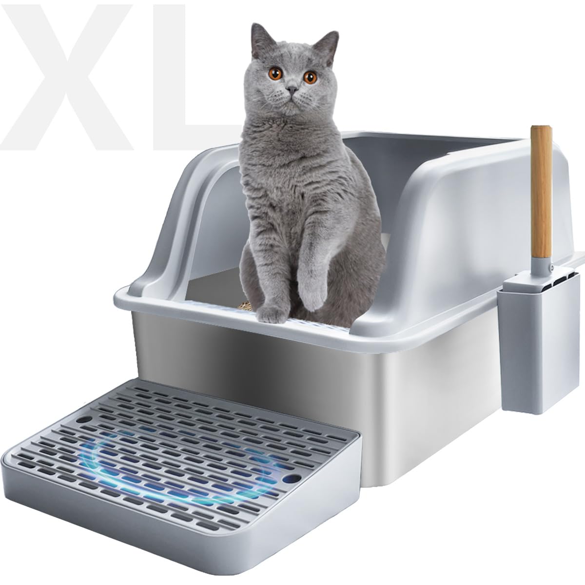 Lmebe Large Stainless Steel Cat Litter Box,Kitty Litter Box With Lid,Xl Jumbo Enclosed High Sided Cat Litter Pan Boxes For Indoo