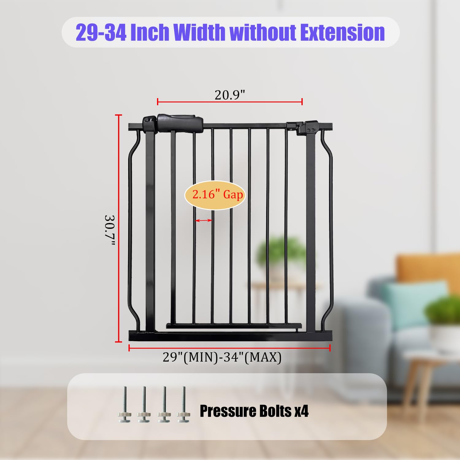 Walk Through Baby & Dog Gate 29-34 Inch, Tension Mounted No Drilling, Indoor Safety Gate for Stairs & Doorways, Metal Design for