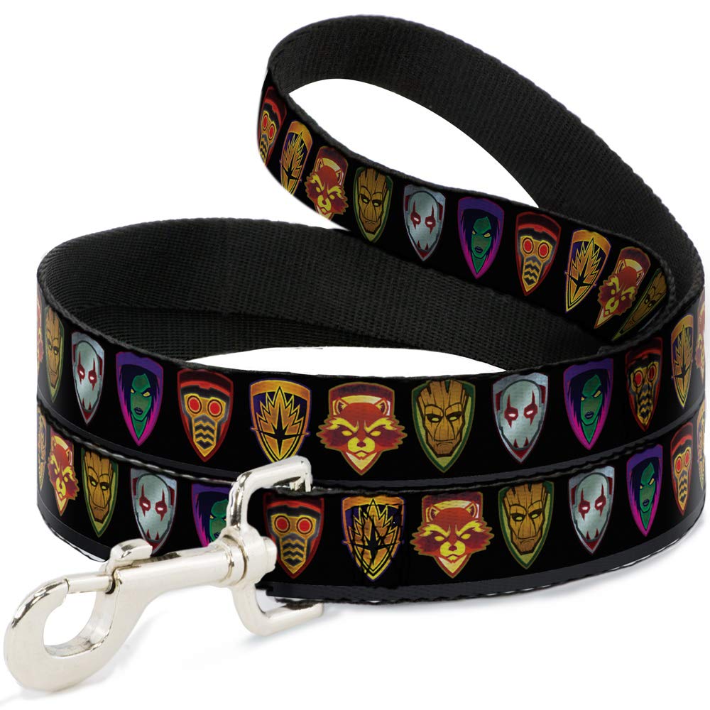 Buckle-Down Dog Leash Guardians Of The Galaxy Badge 5 Character Icons Black 4 Feet Long 1.0 Inch Wide, Multicolor (Dl-Wmc111)