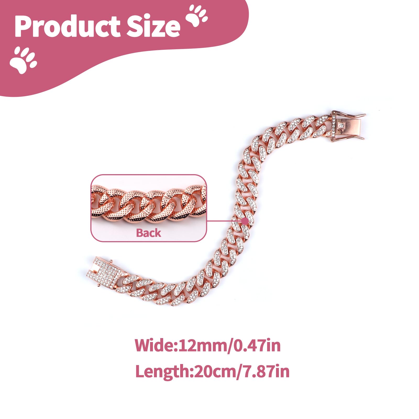 Cuban Dog Chain Collars, Rose Gold Crystal Pet Necklace, Metal Pet Necklace With Safety Buckle Lock, For Small Medium Large Dogs