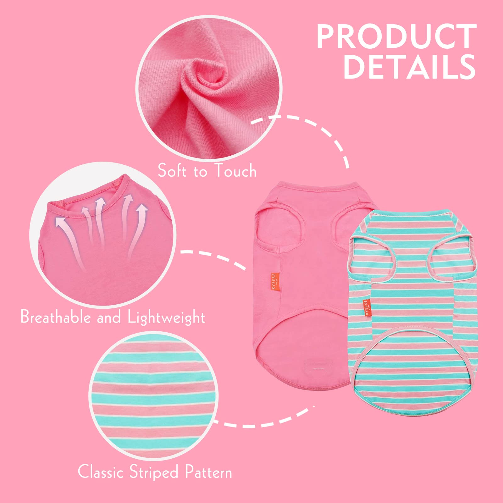 Kyeese 2 Pack Dogs Shirts Striped Dog T-Shirts Soft Cotton Tank Top Sleeveless Vest Cat Puppy Shirts