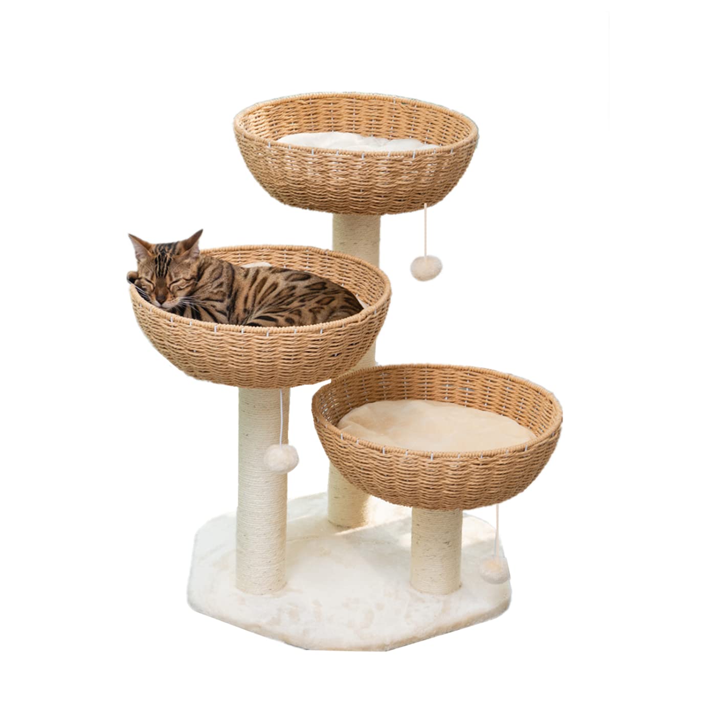 Shengocase Cat Tree Tower With Rattan Wicker Basket, 3 Handwoven Large Nest Baskets Bed, Window Perch For Large Cats Up To 20Lbs