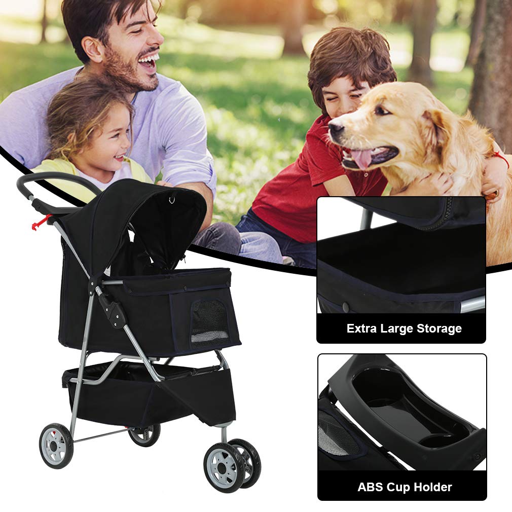 Bestpet 3 Wheels Pet Stroller Dog Cat Cage Jogger Stroller For Medium Small Dogs Cats Travel Folding Carrier Waterproof Puppy Stroller With Cup Holder & Removable Liner,Black