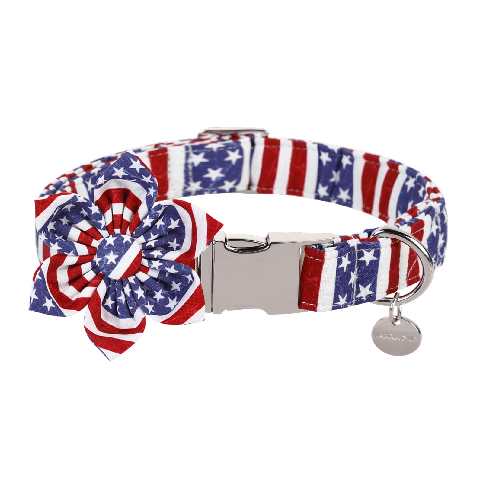 Up Urara Pup Dog Collar With Flower, 4Th Of July Comfortable Cotton Dog Collar, American Flag Collar For Puppy Girl Dog Or Cat, 