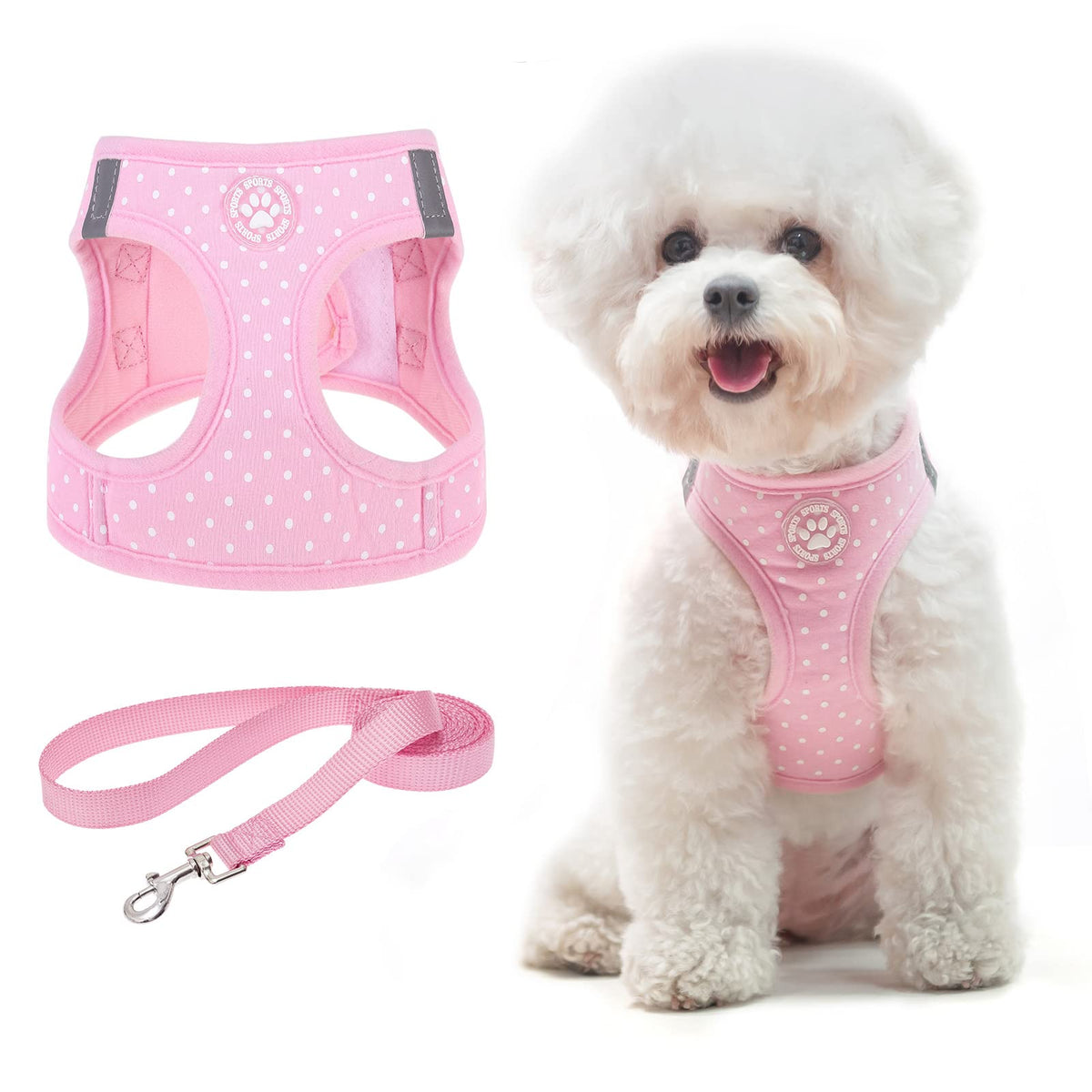 Bingpet Vest Harness For Puppy And Cat, No Pull Adjustable Reflective Step-In Puppy Harness Cute Pink Polka Dot Soft Dog Harness