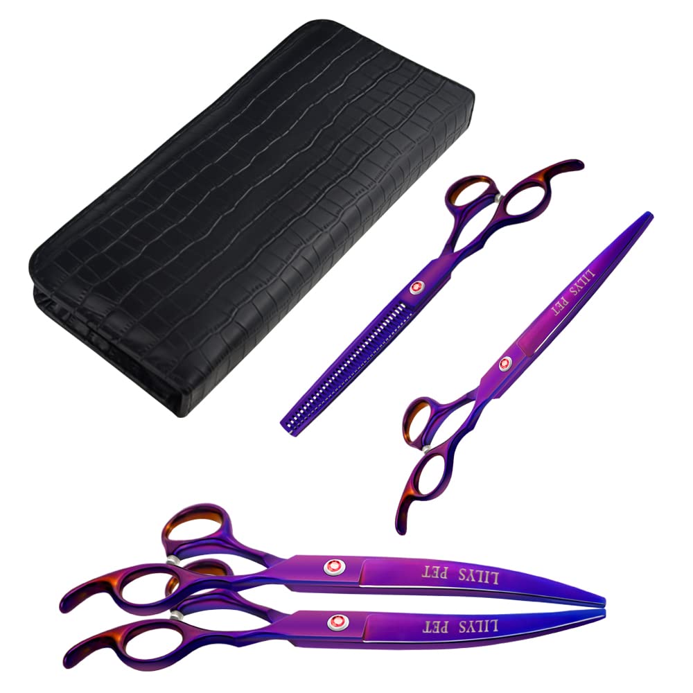 Lilys Pet Professional Pet Dog Grooming Coated Titanium Scissors Suit Cutting&Curved&Thinning Shears (8.0 Inches, Purple)