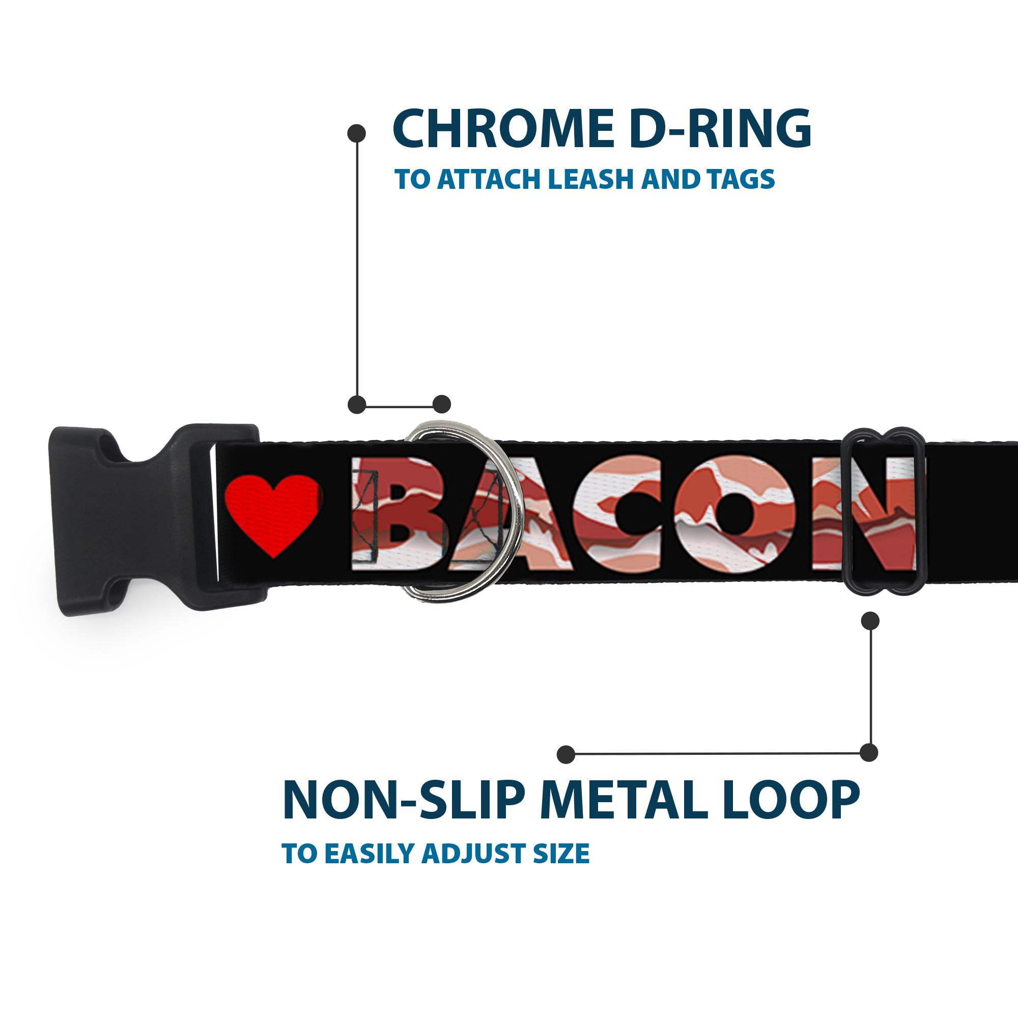 Buckle-Down 13-18 I Heart Bacon Black Plastic Clip Collar, Wide Small